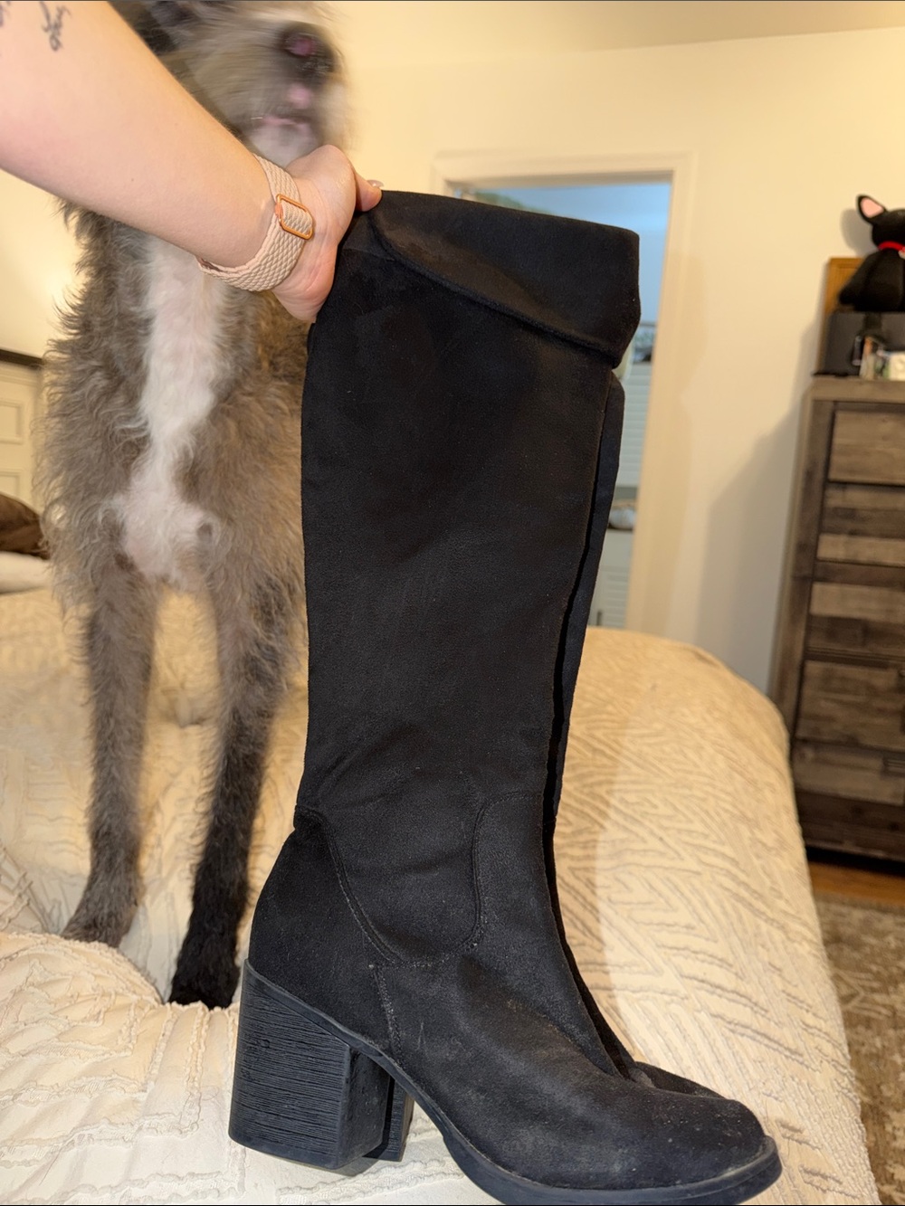 Women's Black Suede Knee-High Block Heel Boots